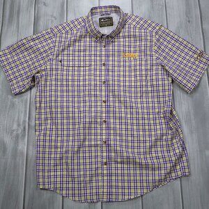 Drake Waterfowl LSU Gingham Plaid Wingshooter's Short Sleeve Button Down Shirt